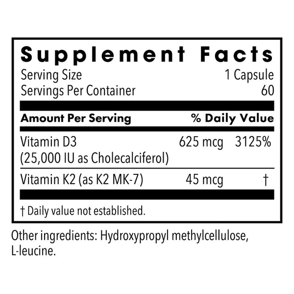 Vitamin D-3 25000 IU w/ K2 MK-7 (60 capsules) by Metabolic Maintenance