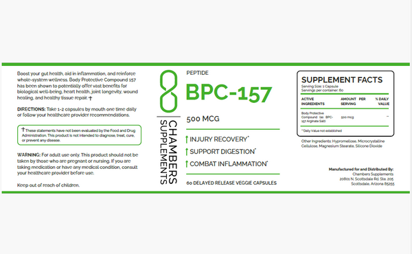 BPC-157 supplement label with green and white design